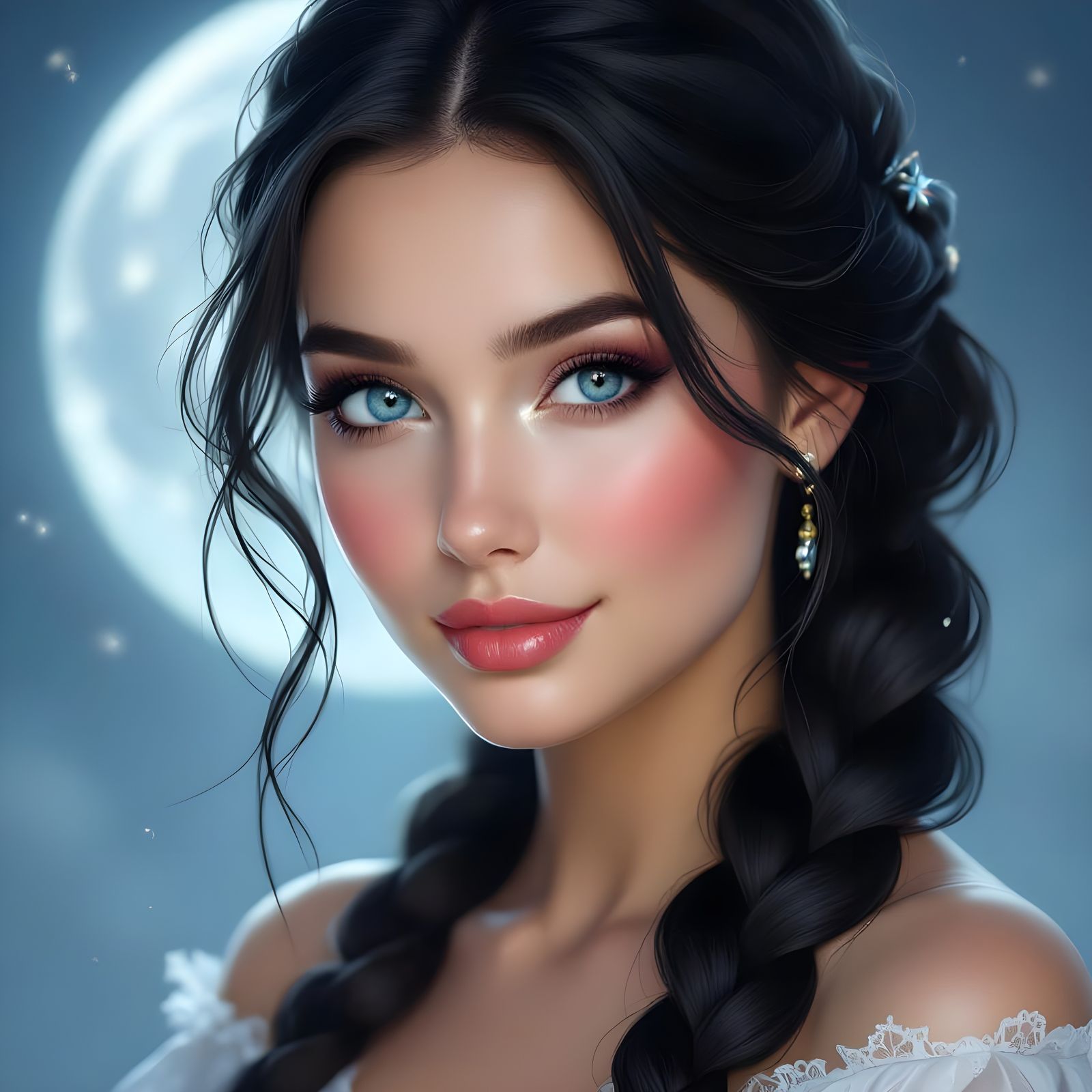 Norse Moon Goddess With Silky Black Hair in Ethereal Fantasy...