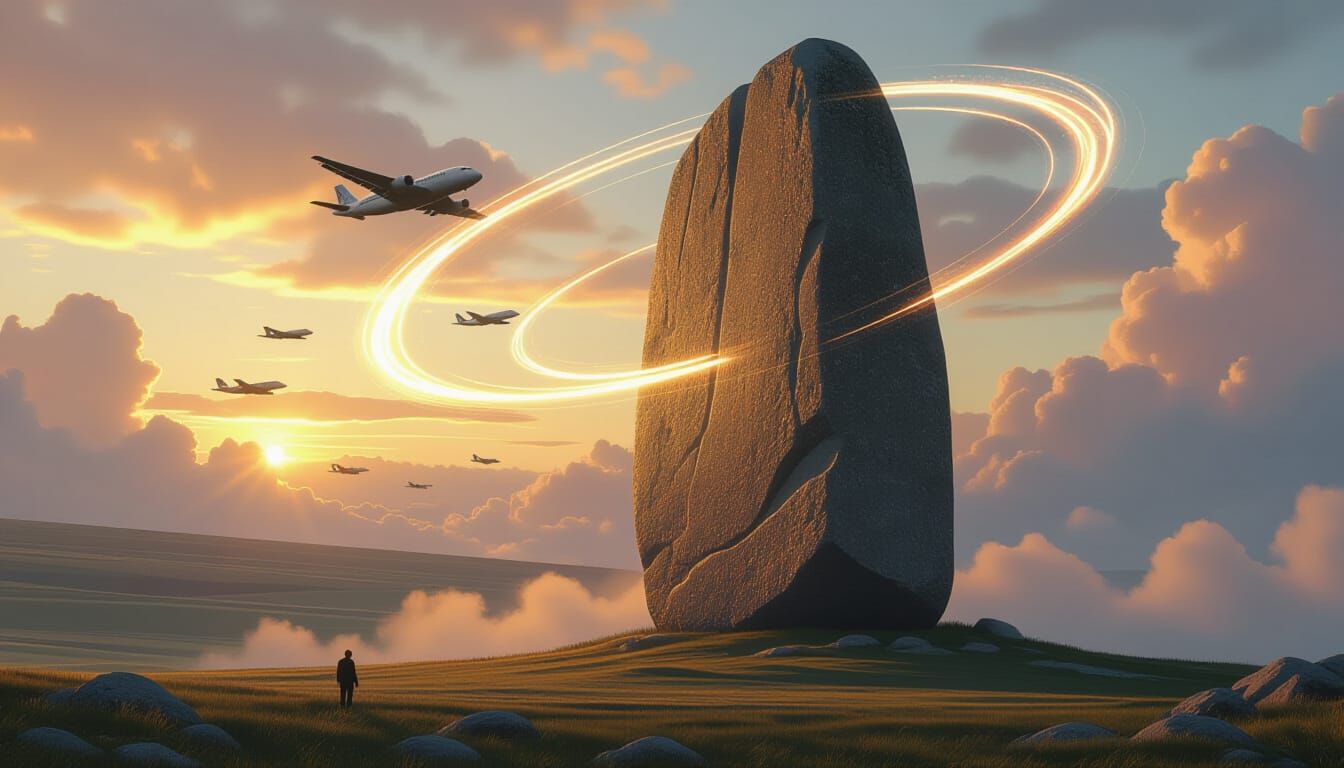 Flights Spiraling Around Massive Menhir in Digital Art