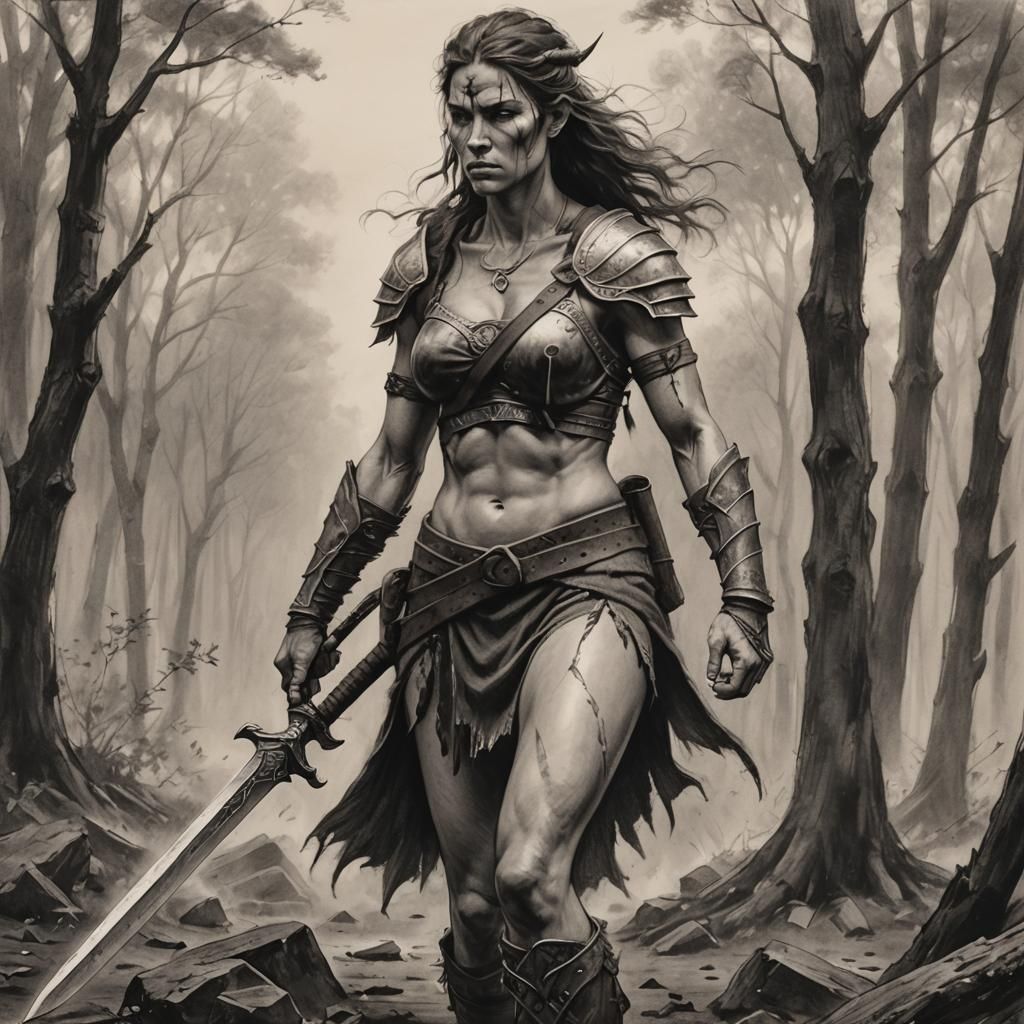 Surreal Warrior Goddess in Charcoal Drawing