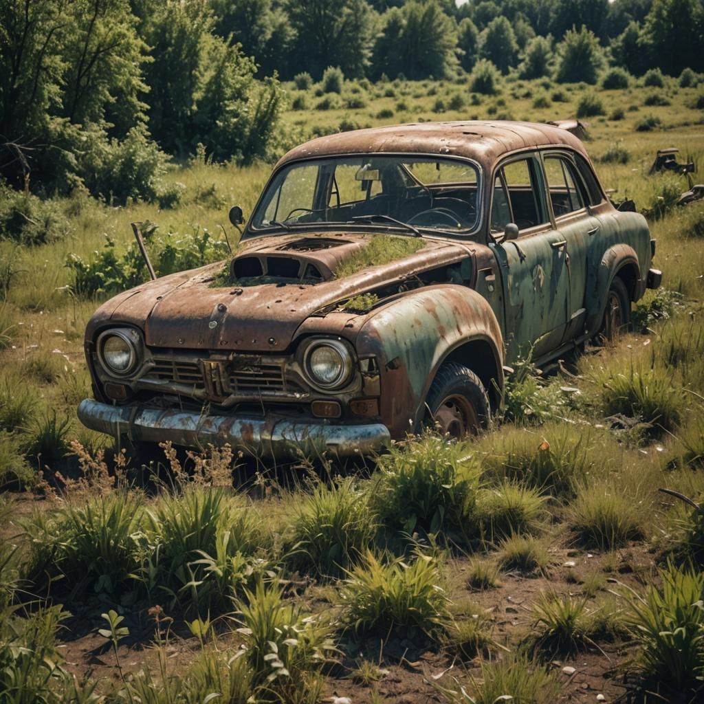 Abandoned Junker Car in a Desolate Field
