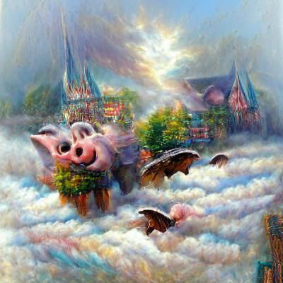 Whimsical Fantasy Scene with Pigs in Flight