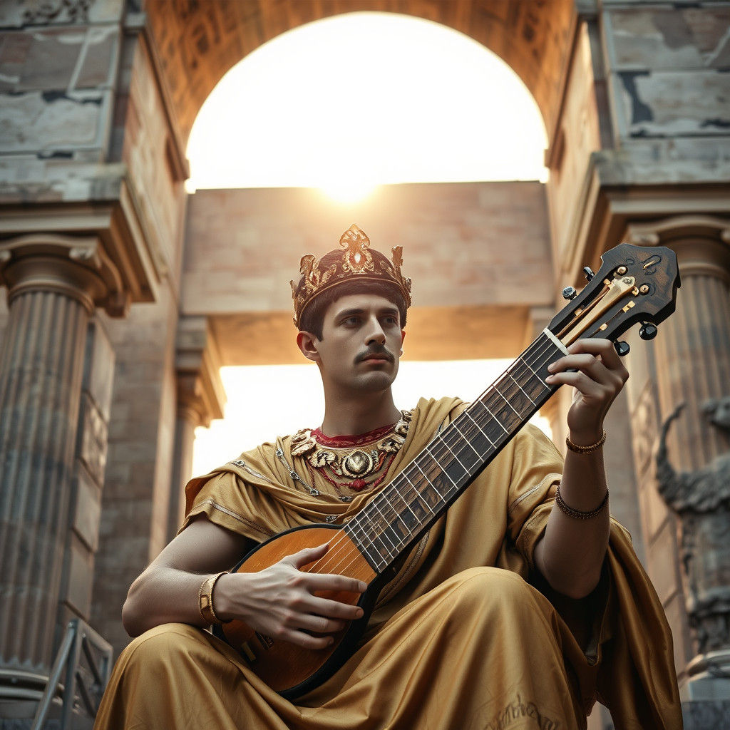 Roman Emperor Plays Lira Under Ancient Triumphal Arch