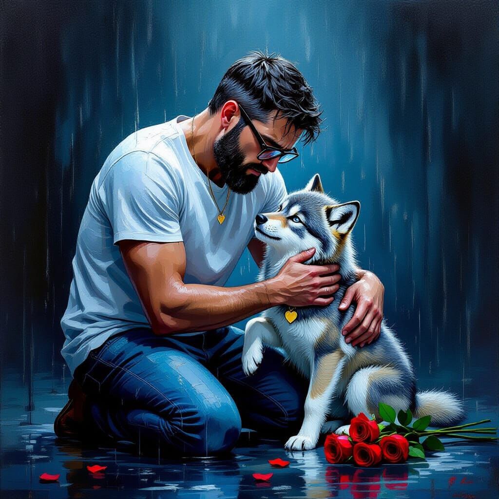 Sad Man Comforted by Wolf Cub in Rain, Impasto Oil Painting