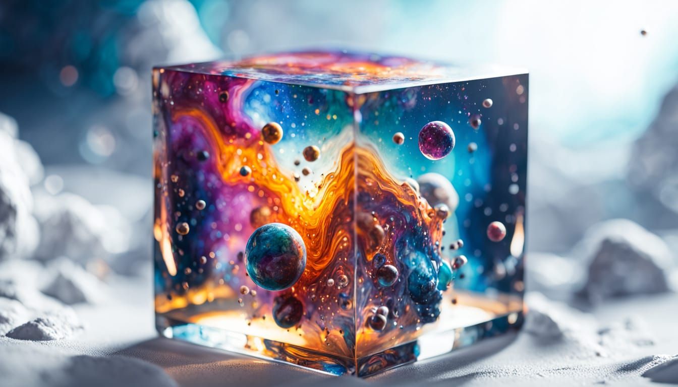 Cosmic Glass Cube in Vibrant Holographic Art