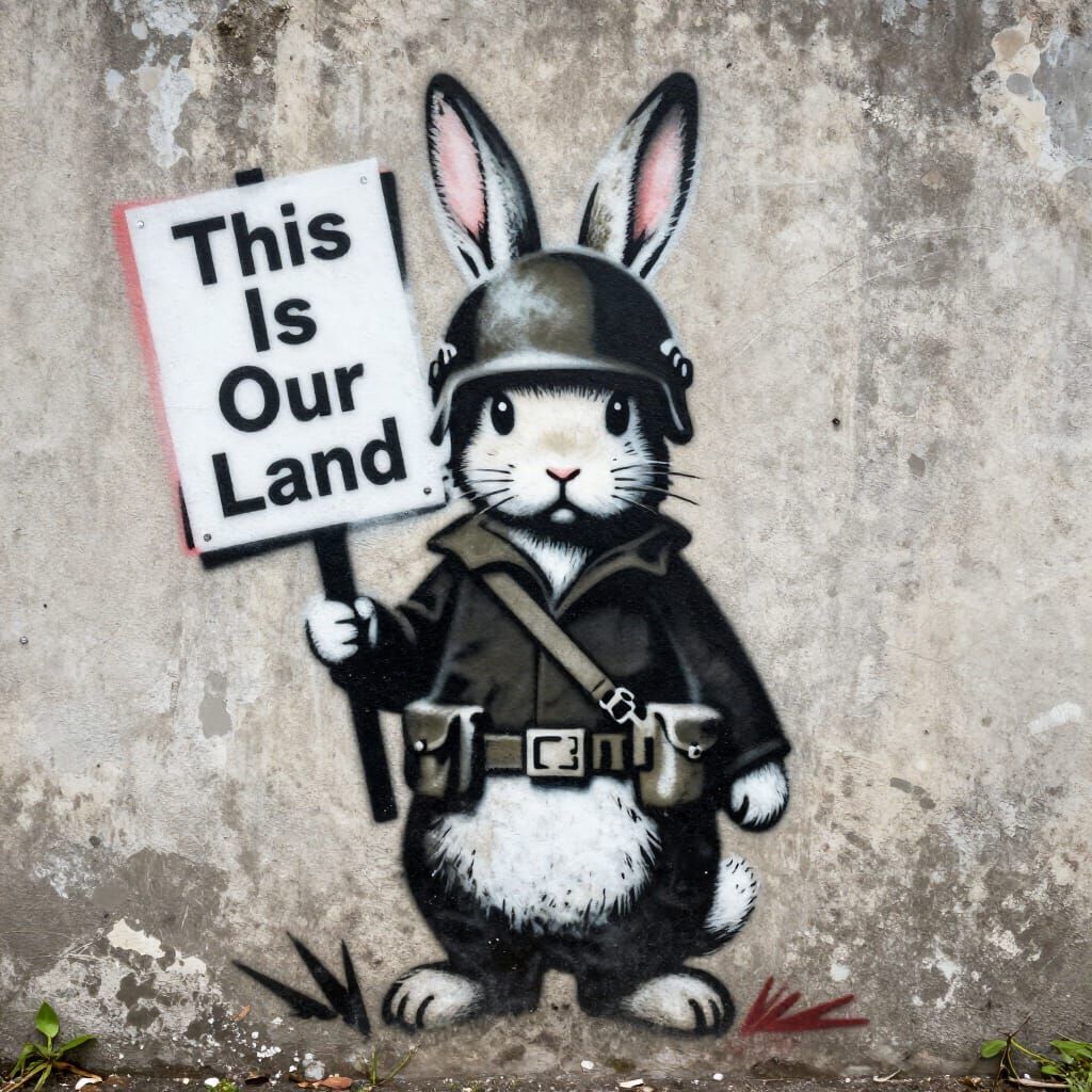 Stencil Art Rabbit With Military Helmet and Sign