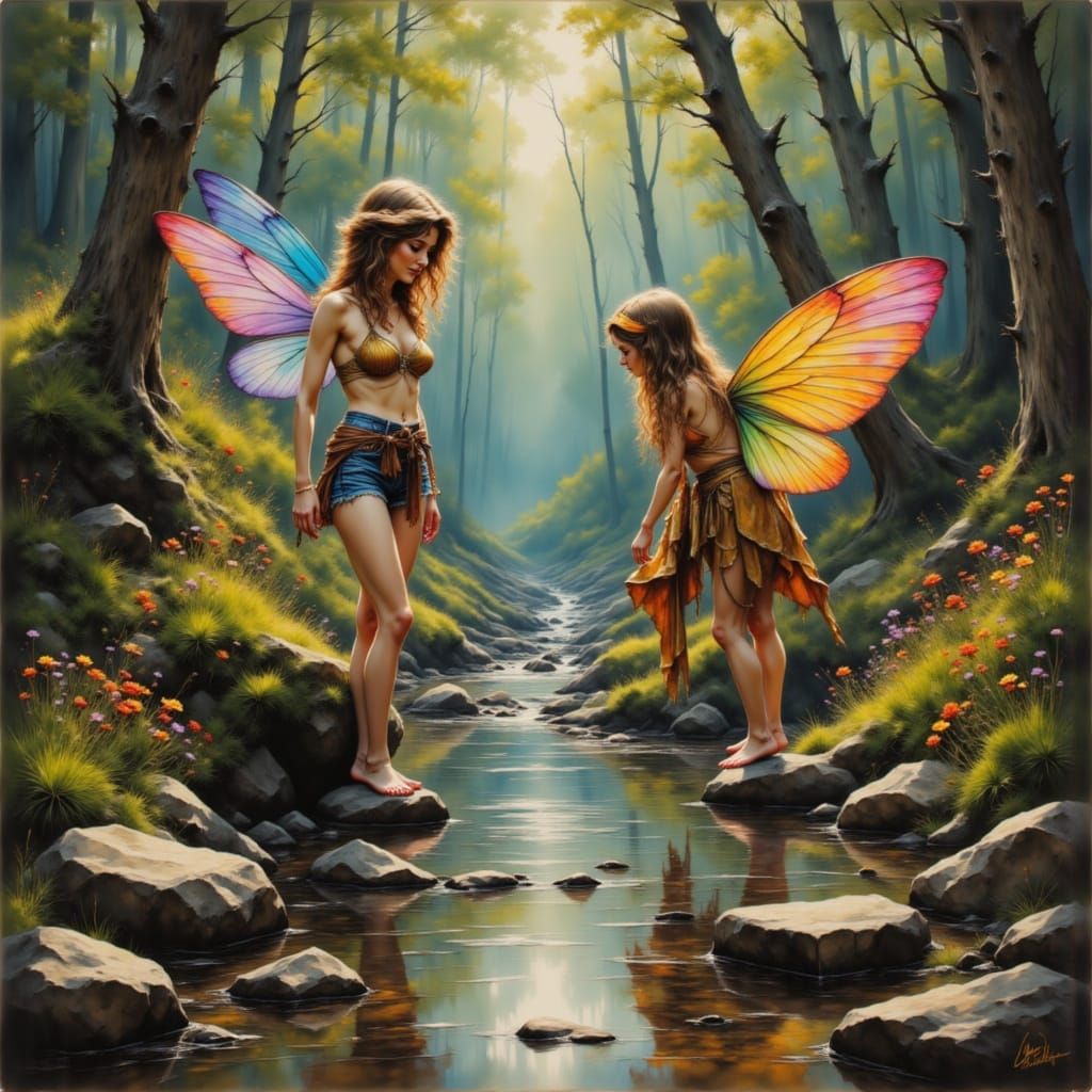 <lora:Darkness bright:1.0> <lora:Polly:1.0> The Greek forest sprites bathing in the Forrest stream