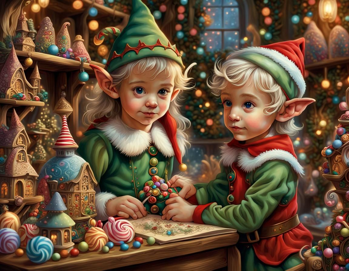 Whimsical Christmas Elves in a Magical Toy Workshop