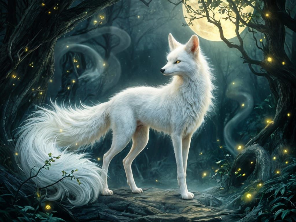 Ethereal White Fox Spirit in Moonlit Forest