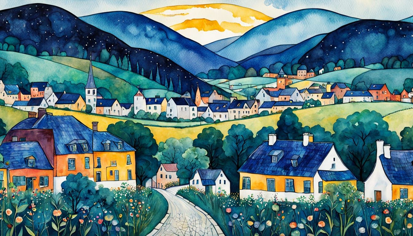 Whimsical 1950s Village Scene in Folk Art-Inspired Art Nouve...