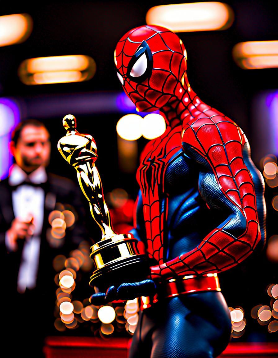 Spiderman holding the Academy Awards Oscar Trophy