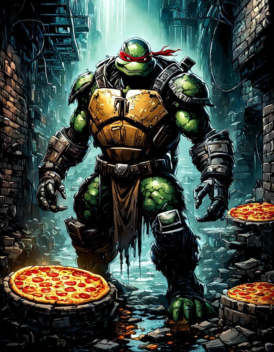 Shredder Robot Standing in a Sewer with Pizzas - Comic Book....