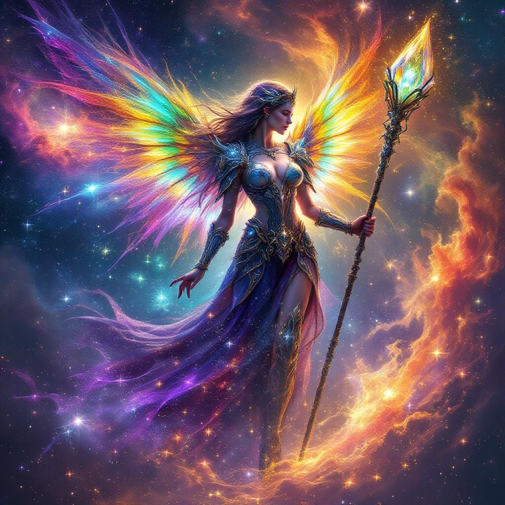 Celestial Warrior with Fractal Wings in Cosmic Art Style