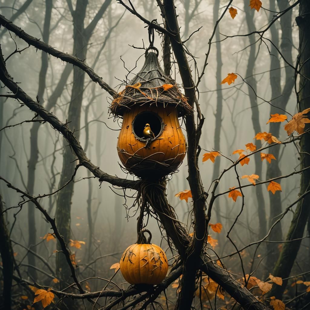 Misty Forest Birdhouse Gourd in Cinematic Style