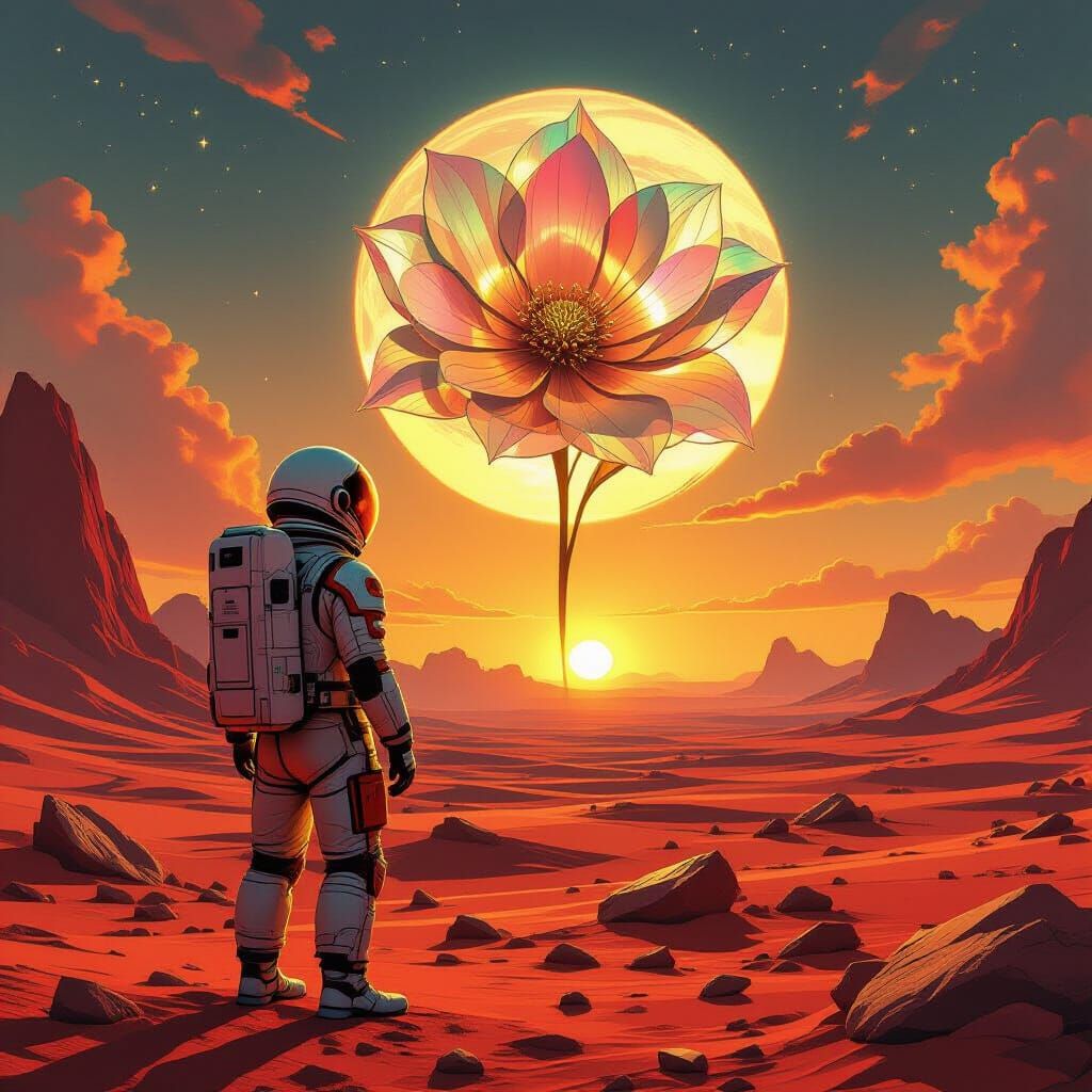 Astronaut and Alien Flower on Crimson Planet