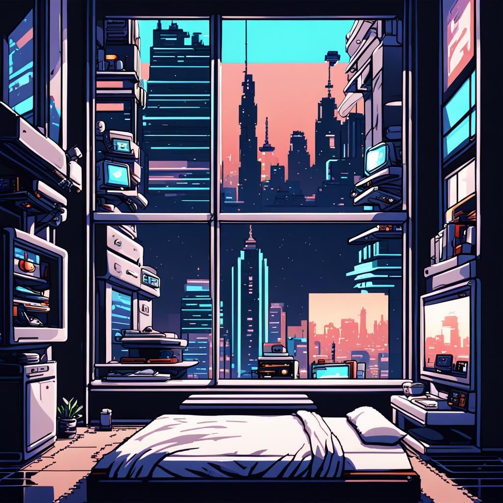 Futuristic Bedroom in Retro-Futuristic Style with Space City...