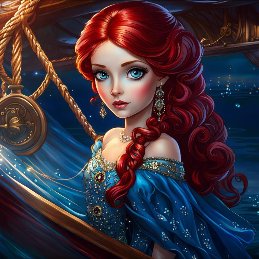Stunning Red Haired Woman in Elegant Blue Gown on a Ship