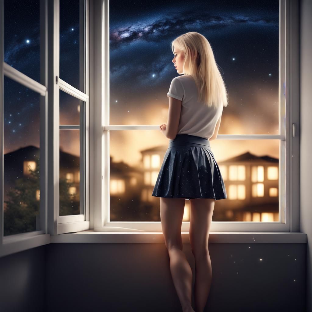 Woman Gazing at Night Sky: Ultra-Realistic 4K Photo