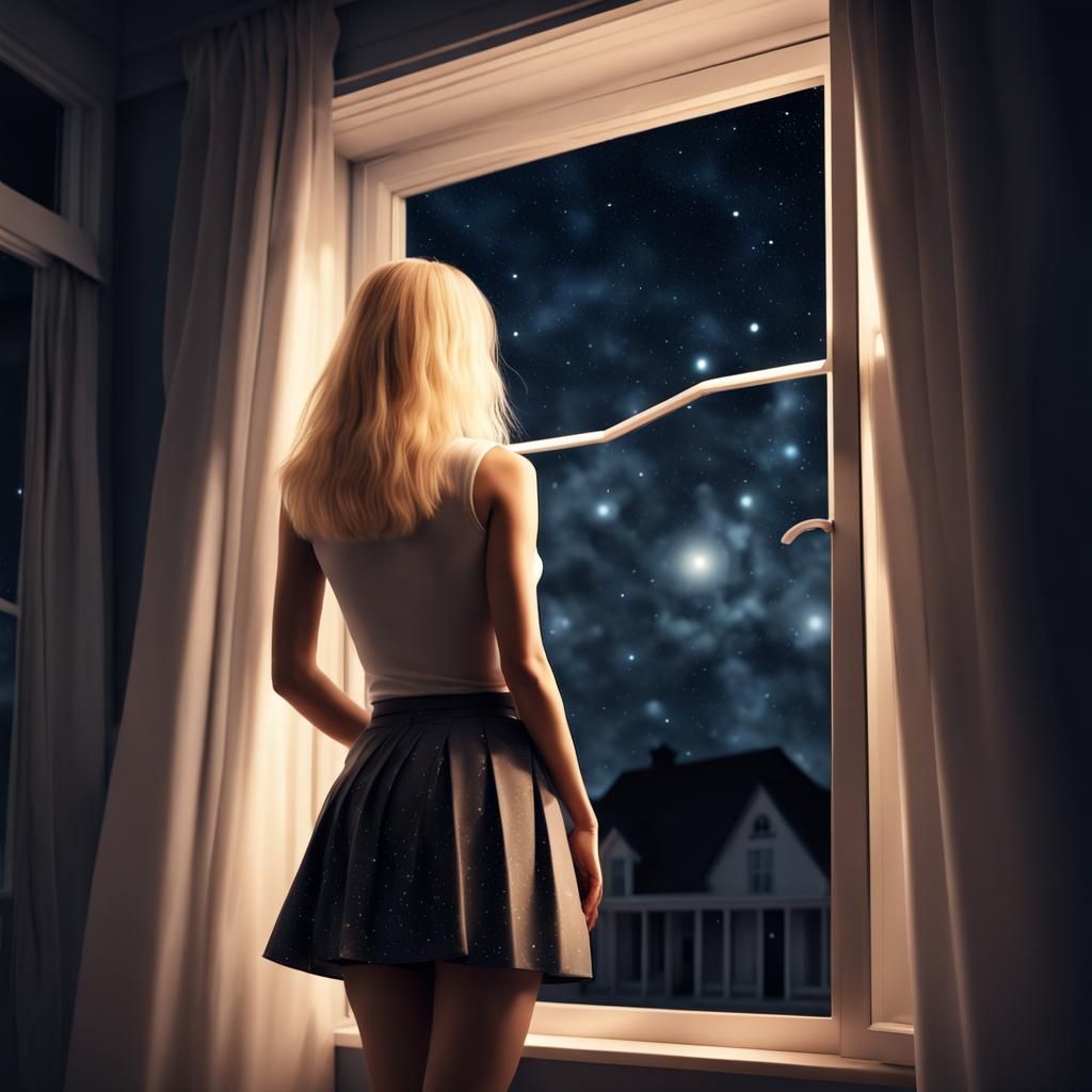 Woman Stares Out at the Starry Night Sky Through Her Window