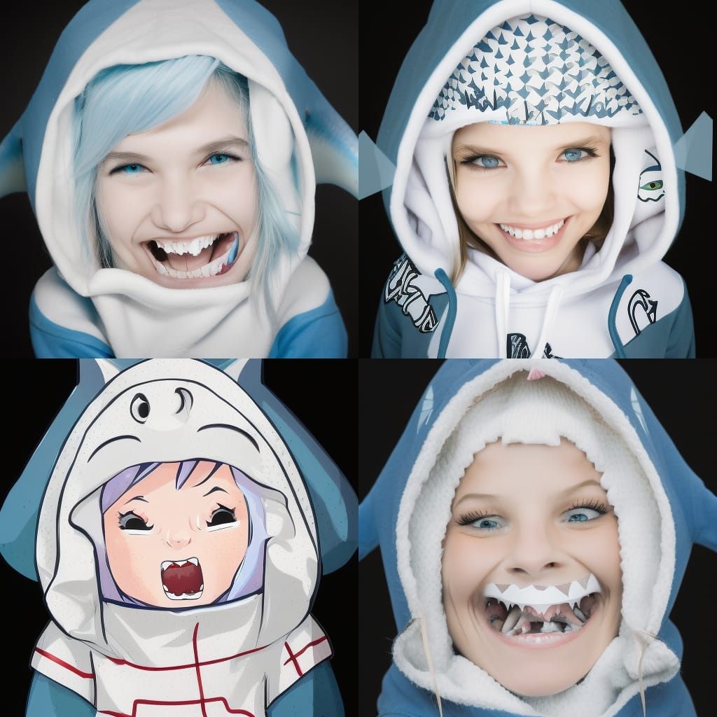 Cute Girl Smiles in Shark Hoodie with Blue Hair