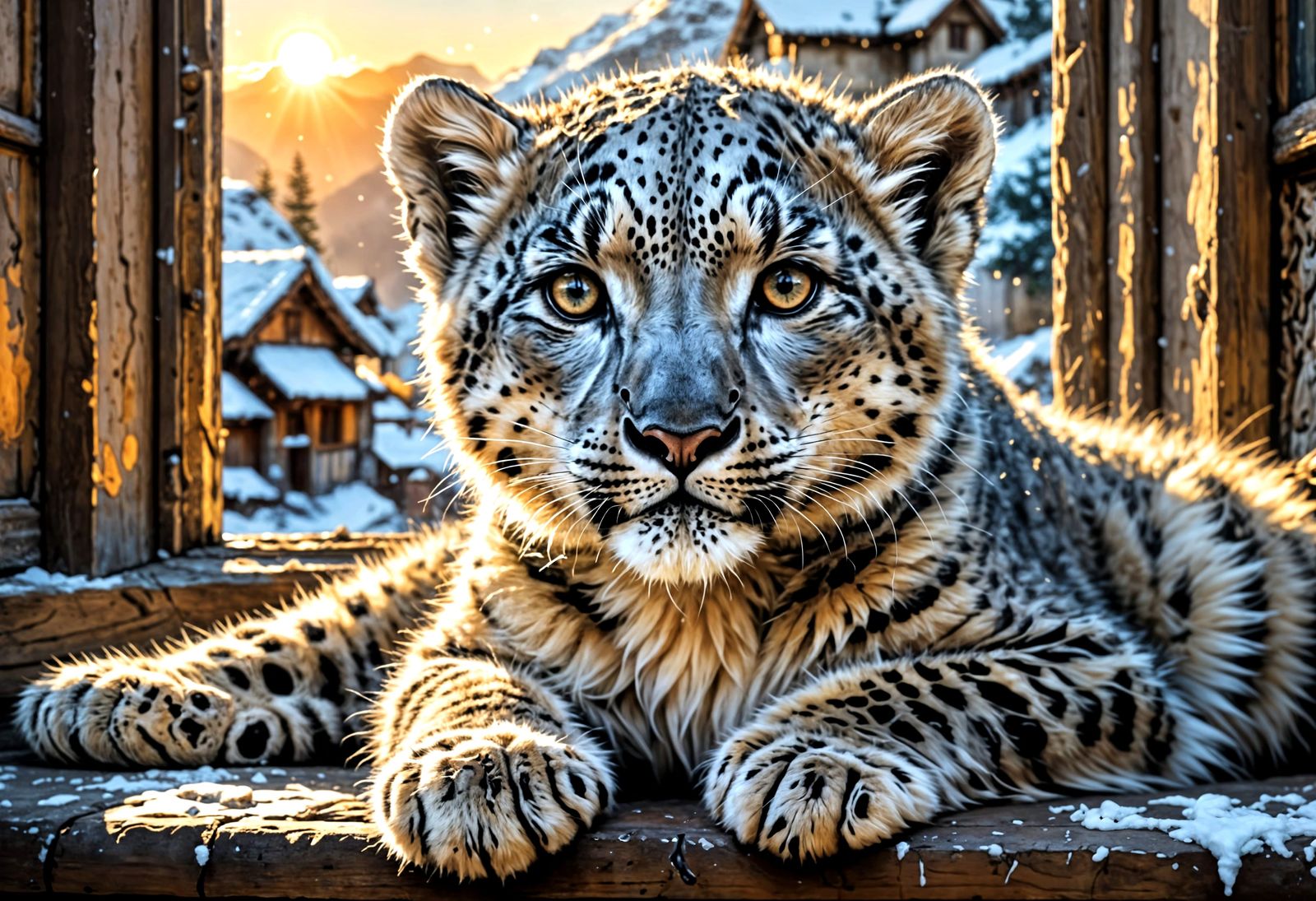 Snow Leopard Cub in Himalayan Monastery, Golden Hour Light