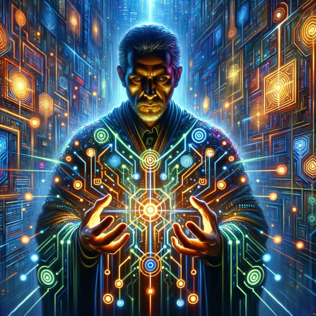 Technomancer in Cyberpunk Cityscape: Geometric Oil Painting