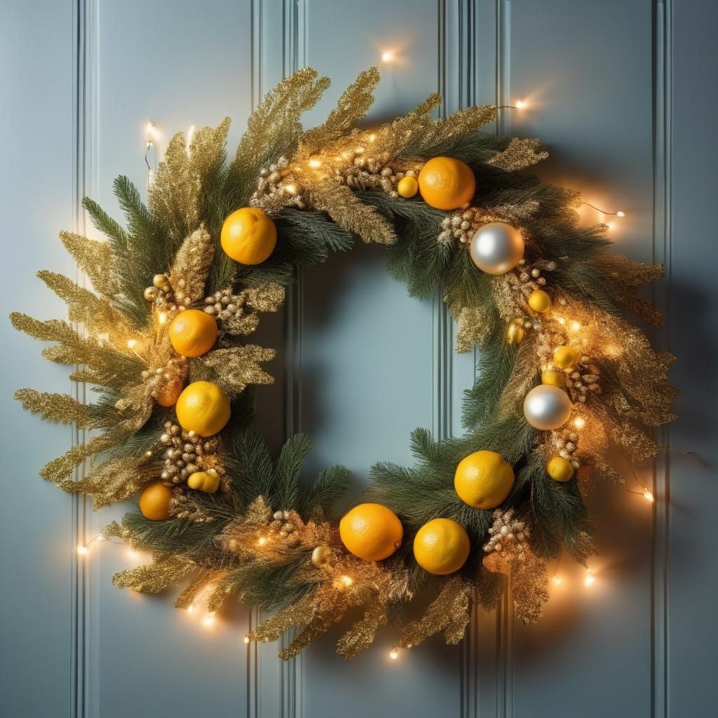 A golden wreath crafted from mimosa blossoms and accented wi...