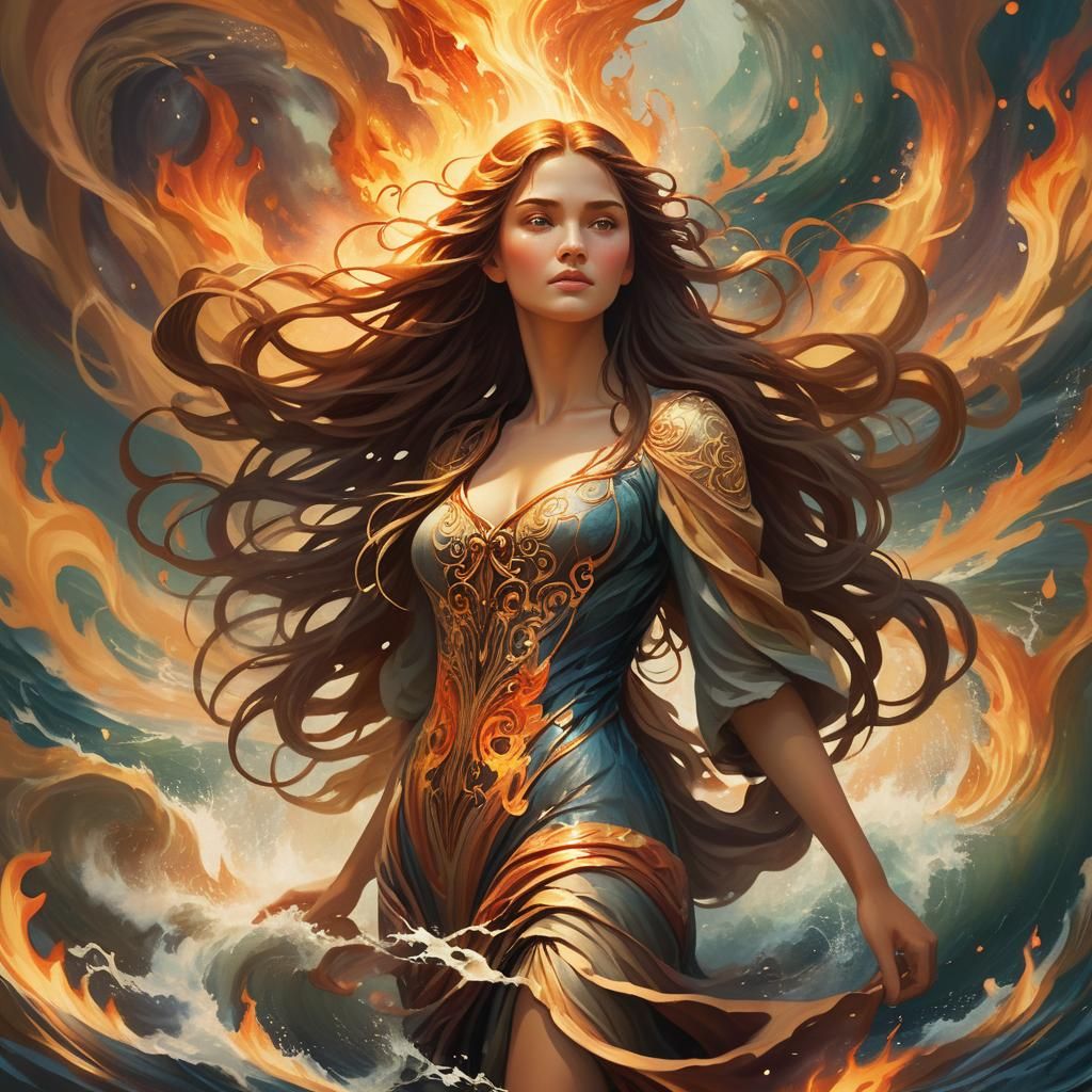 Woman Amidst Fiery Whirlwind in Golden Hour