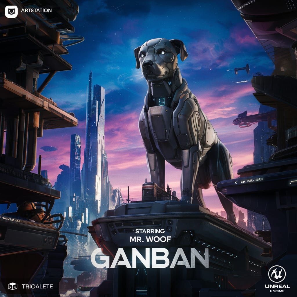 Epic Futuristic Cityscape with Robotic Dog Statue in Cyberpu...