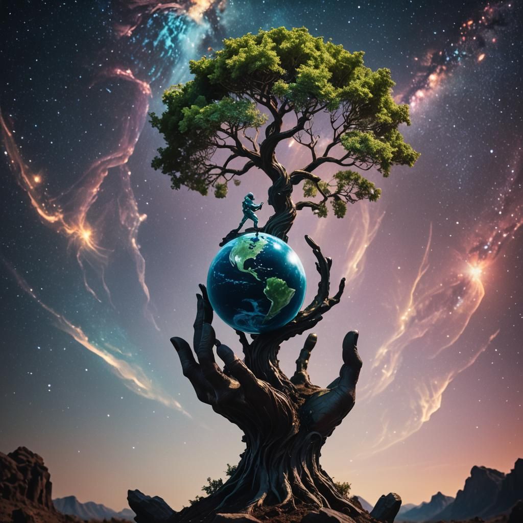 Cosmic Tree of Life in Iridescent Glory Holding Earth