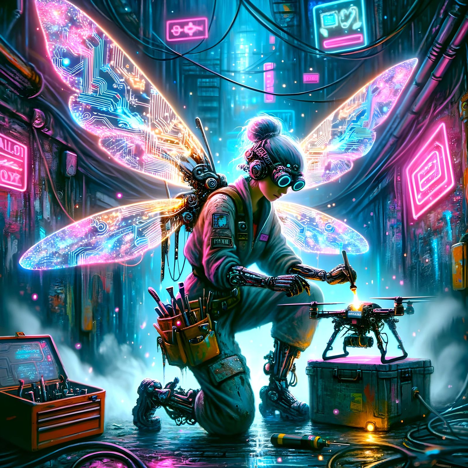 Cyberpunk Fairy Repairs Drone in Neon Alley
