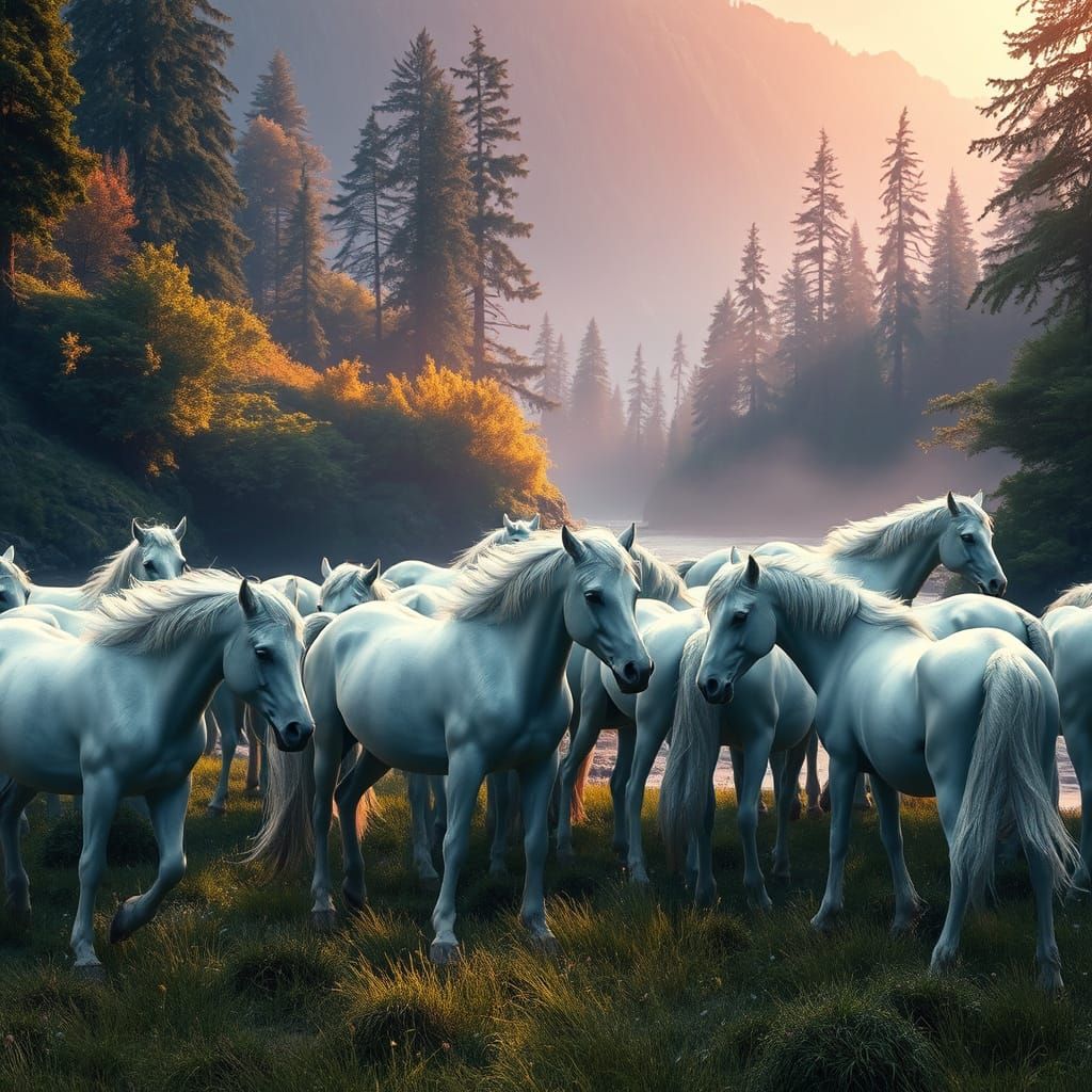Majestic White Horses in Serene River Valley