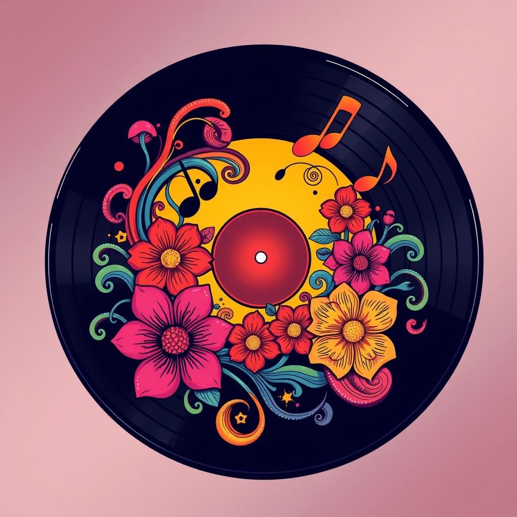 Retro Record Sleeve with Psychedelic Flowers and Music