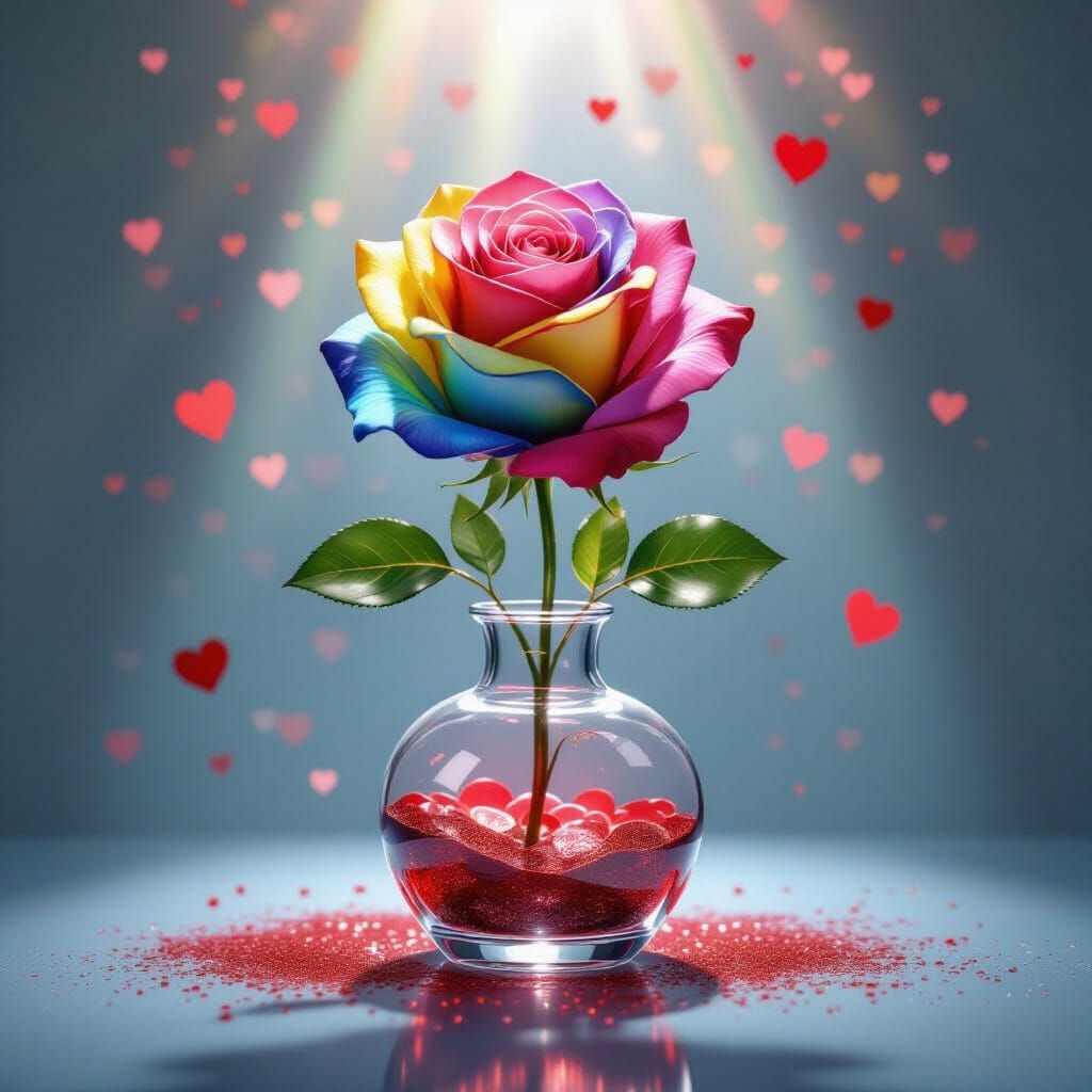 Rainbow Crystal Rose Amidst Hearts and Glitter