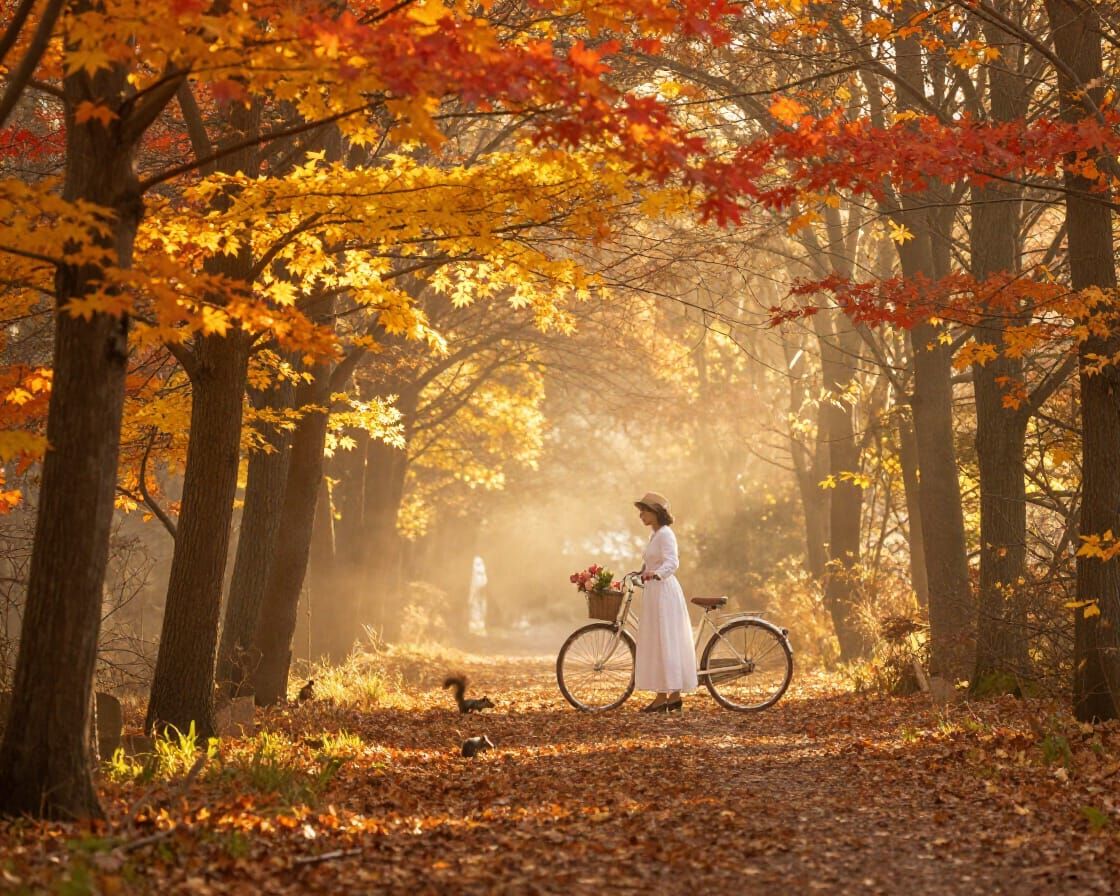 Golden Hour Autumn Forest Path with Squirrels and Woman