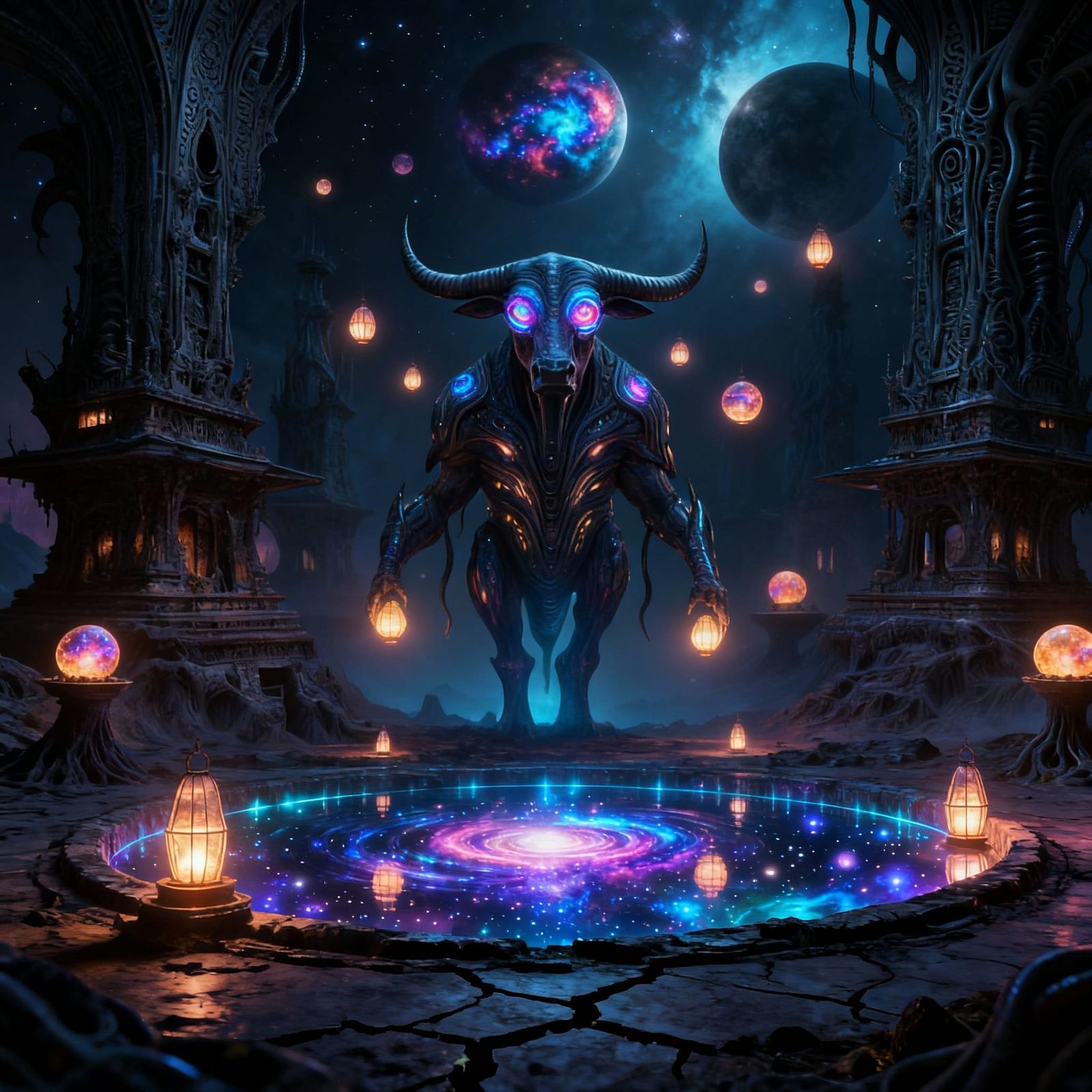 Ancient Bovine Alien Guarding Cosmic Pond in Space Armor