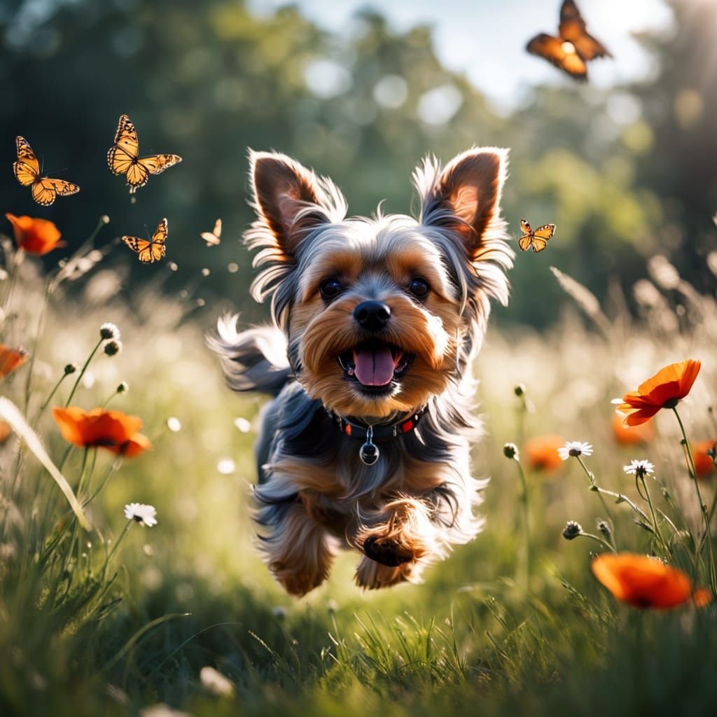 Yorkie's Butterfly Leap: Summer Joy in Slow Motion