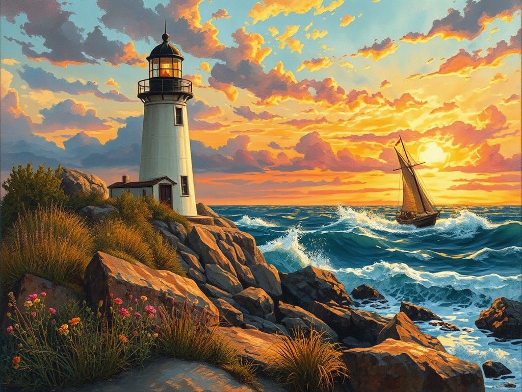 Coastal Lighthouse and Sailboat in Folk Art Style