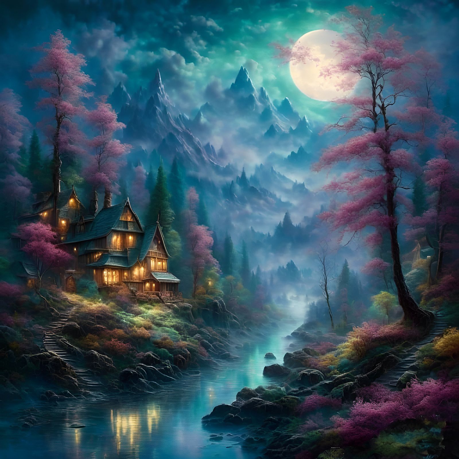 Ethereal Fantasy Forest Illuminated by a Full Moon