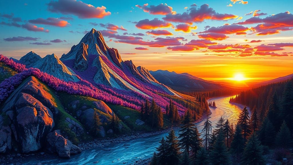 A Gemstone Mountain Range at Sunset, in a Dreamy Art Nouveau...