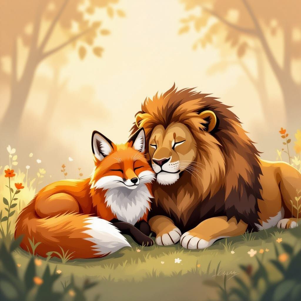 Serene Fox and Lion in Illustrative Style