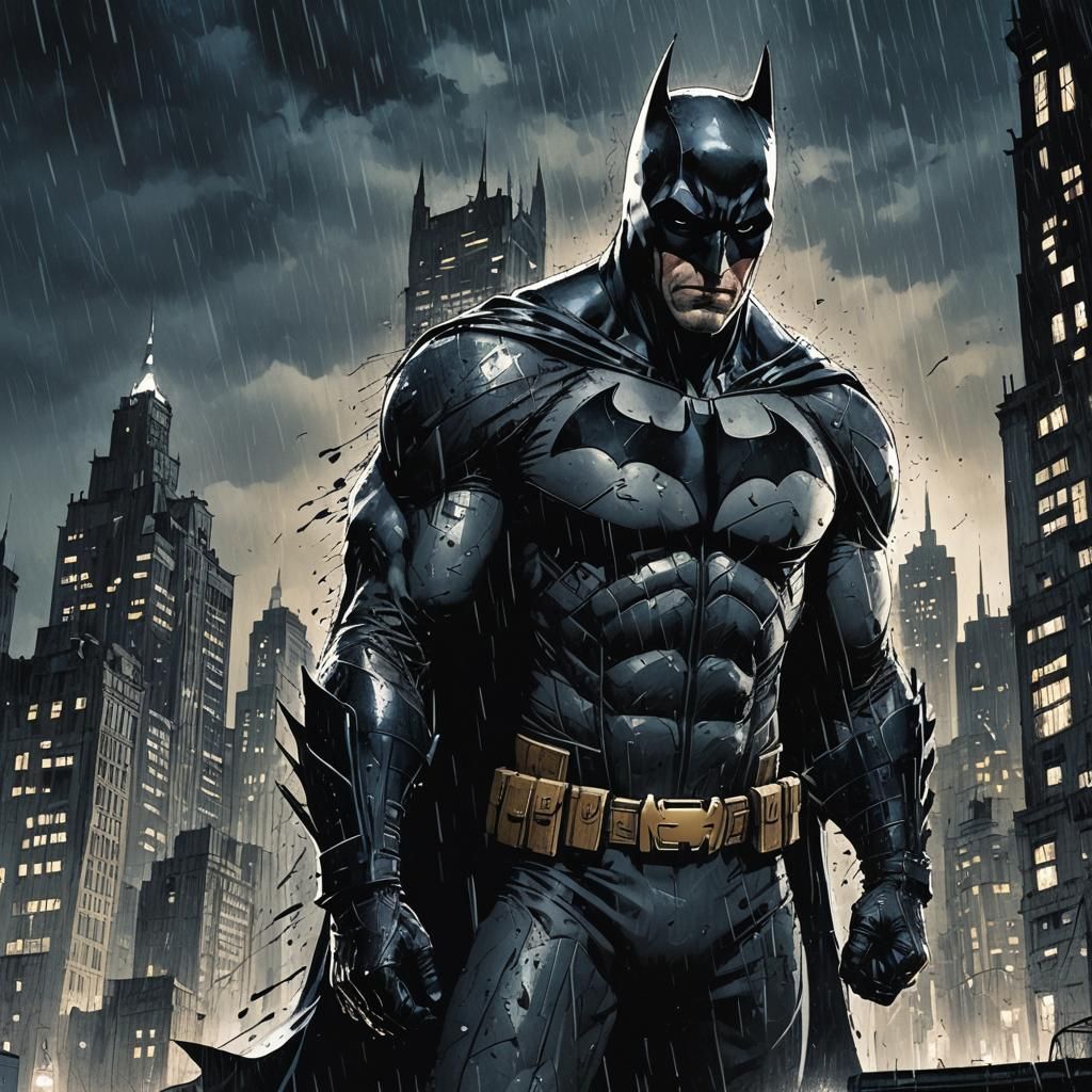 Batman Dominates the Rain-Soaked Gotham City Skyscraper in D...