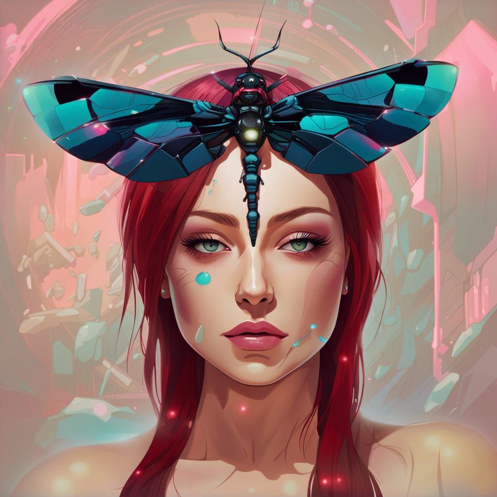 Cyberpunk Goddess with Iridescent Dragonfly on Head