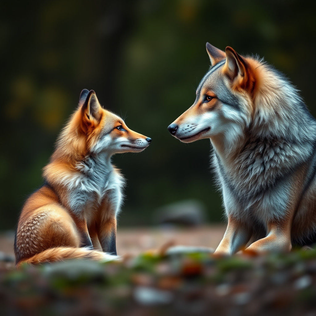 A Fox and a Grey Wolf in Intimate Portrait
