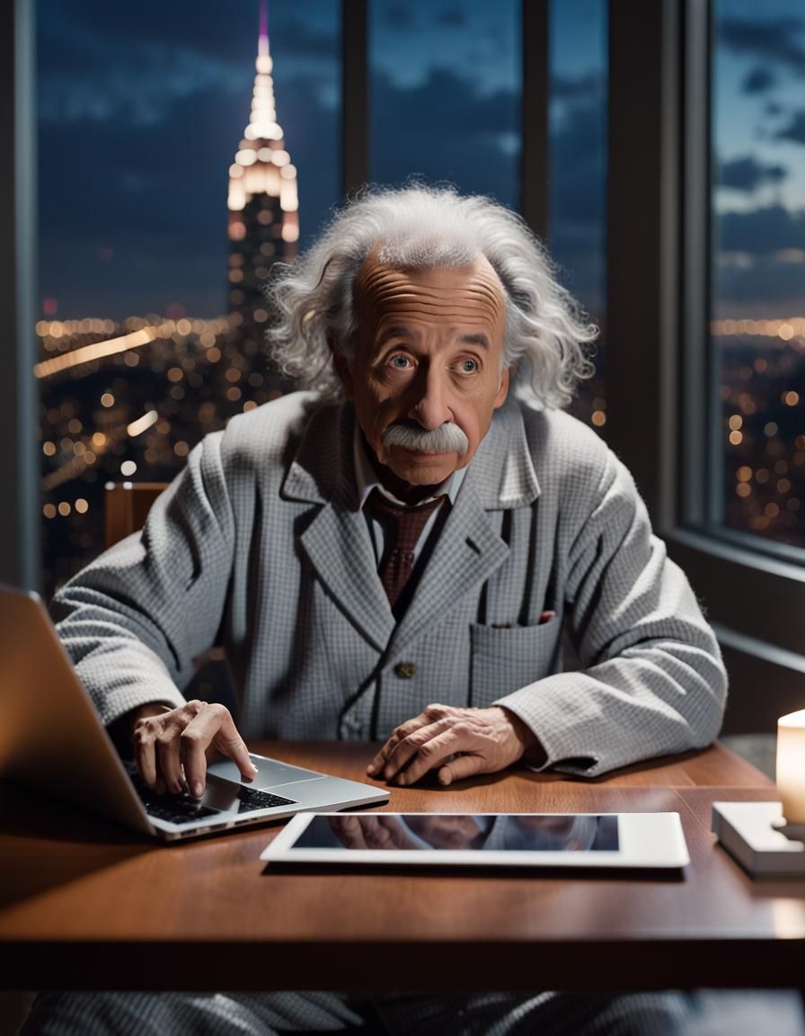 Einstein's Epic Macbook Moment in Cinematic 8K Digital Art