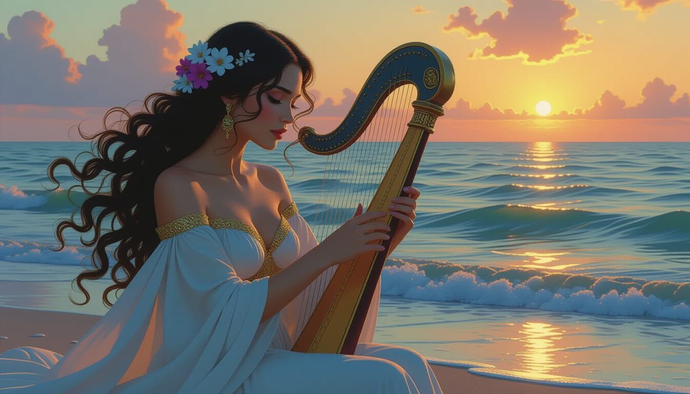 Medusa's Serene Harp Song at Sunset