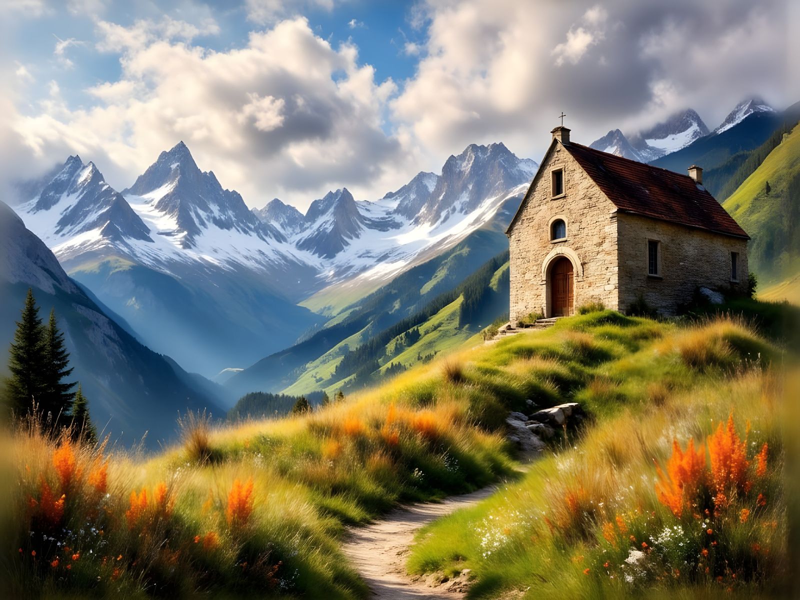 Old Alpine Chapel with Herb Garden in Impressionist Style