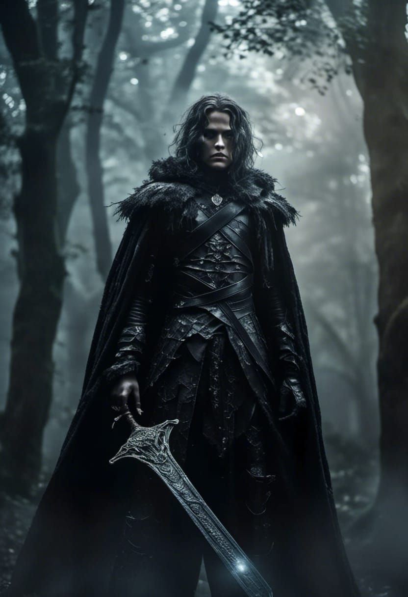 <lora:Dark fantasy realism:1.0> A tall, lean figure with a pale, silver skin tone and striking violet eyes that glow wit...