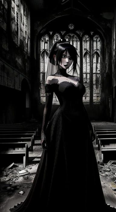 Goth Bride Silhouette in Abandoned Apocalypse Church