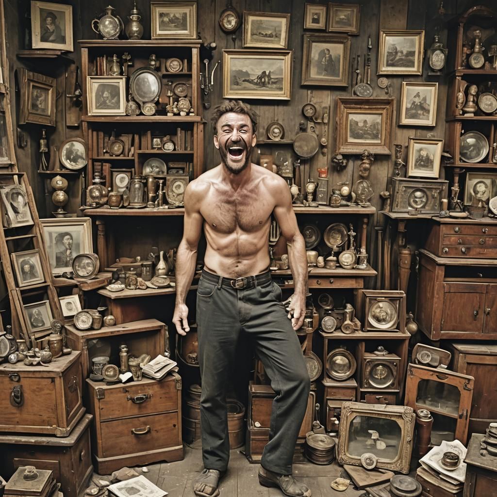 Man Surrounded by Vintage Treasures in Euphoric State