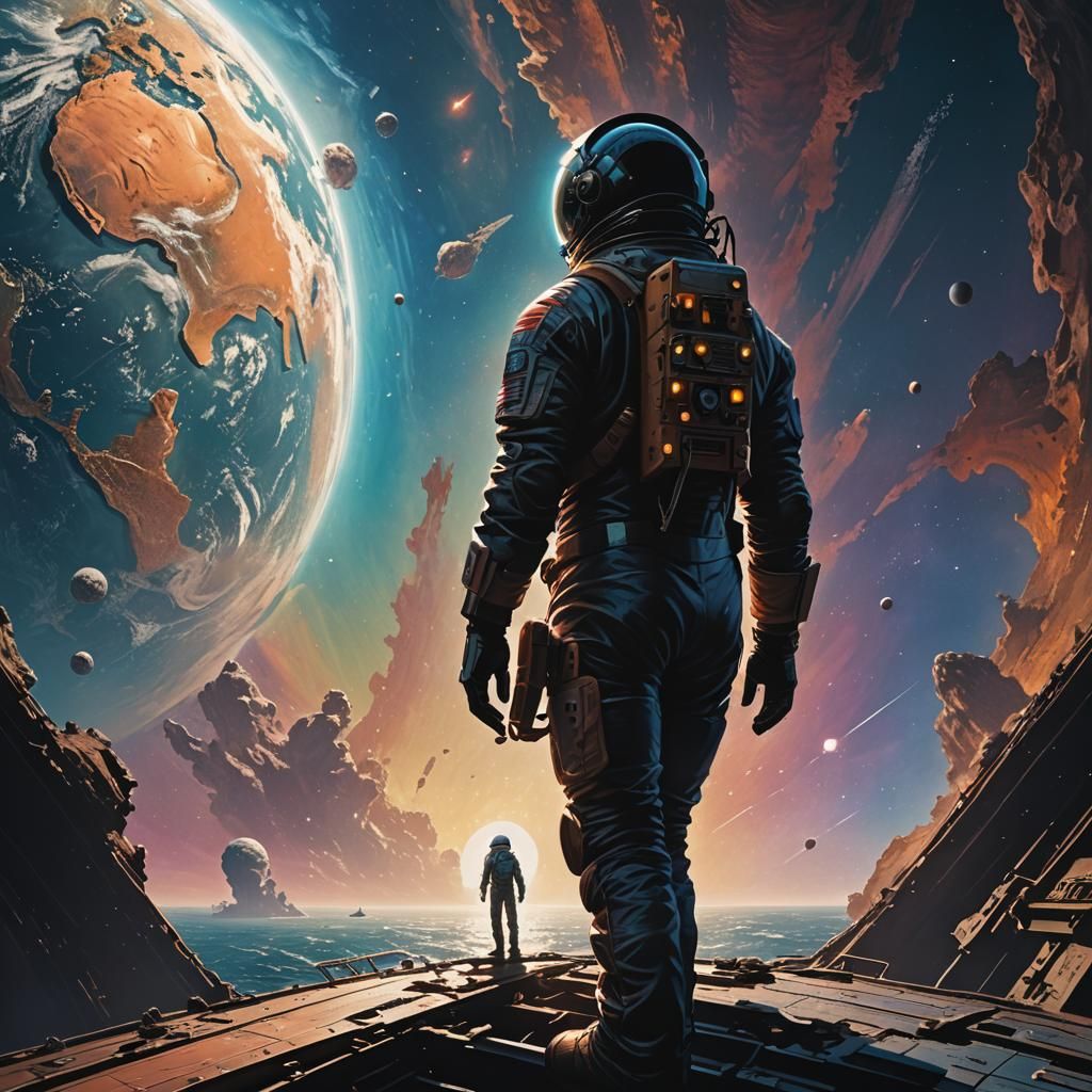 Spaceman in Shadow, Standing on His Ship, Gazing at Earth